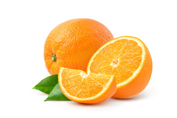 Orange fruit with cut in half and slices isolated on white background.