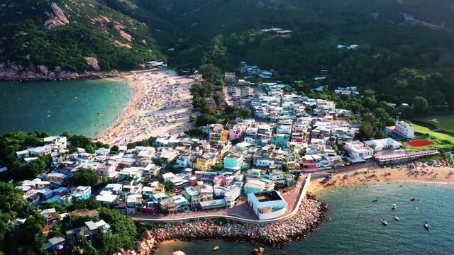 Aerial view during flyover around the Shek-O beach shore area in Hong Kong Peninsular.

