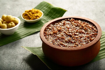 Homemade organic red rice kongee, porridge, with husk, bran, healthy vegan diet meal, 