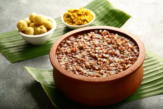 Healthy vegan diet meal- organic red rice with bran porridge - Indian traditional vegetarian foods.