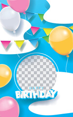 Happy Birthday Card with Photo Slot on Blue Background. 3D sign, greeting, congratulations design