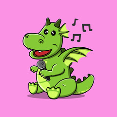 Fototapeta na wymiar Dragon Cartoon Character Singing Holding Microphone With Musical Scale.