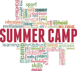 Fototapeta premium Summer camp vector illustration word cloud isolated on a white background.