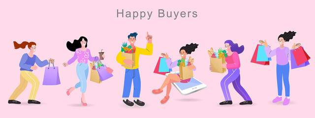 Happy buyers carrying shopping bags set of cartoon vector illustrations isolated on pink background. People on sale or in shopping mall. Advertising Banner, promo Poster. Vector illustration.