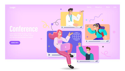 Online conference and virtual meeting concept. Landing page template with people on a video call for a webinar, e-learning, or remote work collaboration. Flat vector illustration for a web banner.