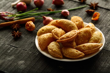 Plate of delicious homemade curry puff pastry.