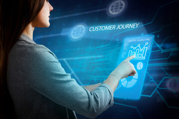 Business, Technology, Internet and network concept. Young businessman working on a virtual screen of the future and sees the inscription: Customer journey