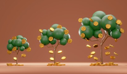 3D Rendering concept of investment, retirement, saving, return. Trees with coins falling down arrange from small to big on background. 3D Render. 3D illustration.