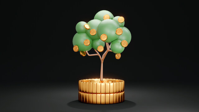 3D Rendering concept of investment, retirement, saving, return. Money tree standing on on big coins on background. 3D Render. 3D illustration.