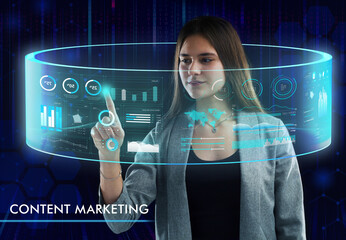Business, Technology, Internet and network concept. Young businessman working on a virtual screen of the future and sees the inscription: Content marketing