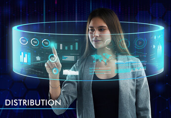 Business, Technology, Internet and network concept. Young businessman working on a virtual screen of the future and sees the inscription: Distribution