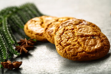 Fresh baked homemade cookies on  a  vintage kitchen table. 