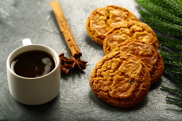 Oatmeal cookies served with black coffee- healthy food concepts. 