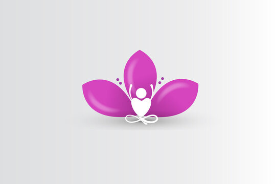 Logo yoga man sit in a pink lotus flower. Meditation or praying symbol concept icon vector image design