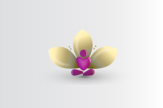 Logo yoga man with a love heart shape and blossom gold lotus flower id card business vector image design