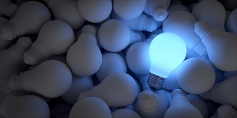 Big ideas. Illuminated blue light bulb among the rest of the unlit bulbs.  - obrazy, fototapety, plakaty