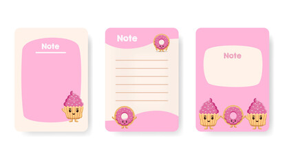 Collection of cute childish appointment notebook page vector flat illustration. Colorful to do list, reminder and blank page with cute cake character