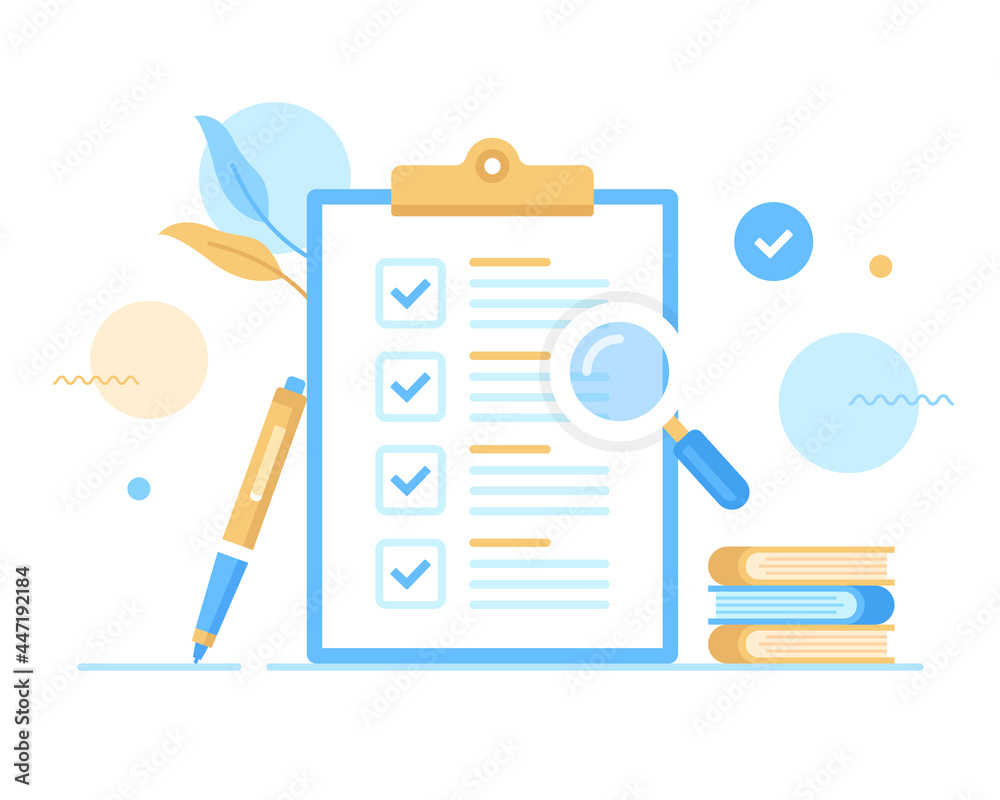 Wall mural checklist. vector illustration. clipboard and check list with check marks, pen, books and magnifying