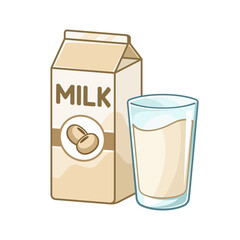 Tall glass of soy milk and milk carton box clipart. Cute simple flat vector illustration design. Soya bean flavor yogurt dairy drink print, sticker, infographic element etc.