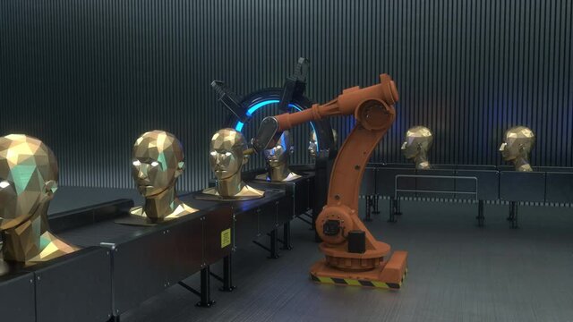 Dystopian human factory assembly line. CCTV view of futuristic cyberpunk factory with VR headset, headphones and Covid-19 face masks on manufactured people heads. Dark tech future concept 4k 3D render