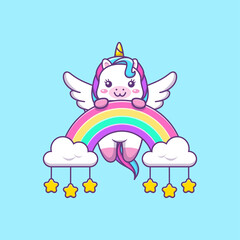 Cute kawaii unicorn with rainbow, cloud and stars cartoon