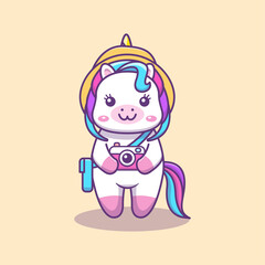 Cute kawaii unicorn on vacation with hat, bag and camera