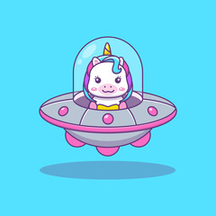 Cute kawai unicorn riding ufo cartoon illustration