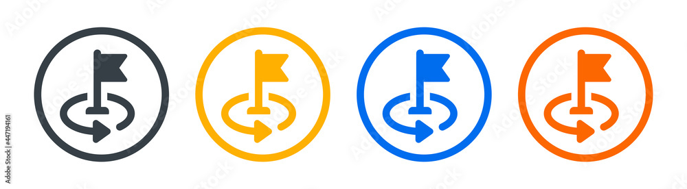 Aufkleber pinter flag icon with rotation arrow. symbol of location, destination.