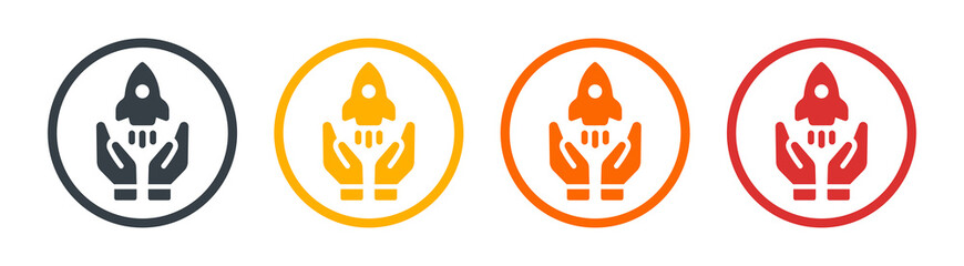 Hands with rocket icon. Improvement of productivity and performance of project.