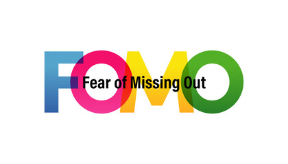 FOMO word vector illustration. Joy Of Missing Out. Colored rainbow text. Vector banner. Corporate concept. Gradient Text. Transparency Letters. Vector illustration