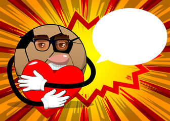 Soccer ball hugging big red heart. Traditional football ball as a cartoon character with face.