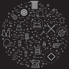 Simple Set of Sewing and Handmade Related Vector Line Illustration. Contains such Icons as tailor, knitting, fabric, leather, acrylic, textile, wool, cotton, pin, button and Other Elements.