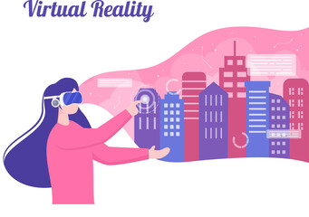 VR Glasses With Game Equipment Simulations Of Travels Through The Virtual Reality World Architecture For Entertainment Or Education. Background Vector Illustration