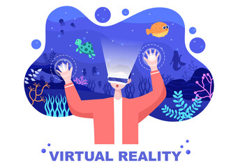 VR Glasses With Game Equipment Simulations Of Travels Through The Virtual Reality Sea World For Entertainment Or Education. Background Vector Illustration