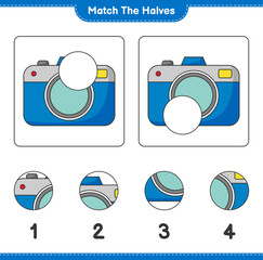 Match the halves. Match halves of Camera. Educational children game, printable worksheet, vector illustration