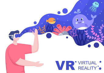 VR Glasses With Game Equipment Simulations Of Travels Through The Virtual Reality Sea World For Entertainment Or Education. Background Vector Illustration