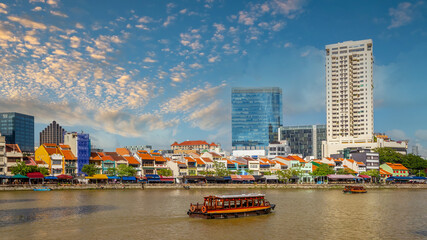 Downtown Singapore city skyline. Cityscape of Clarke Quay district