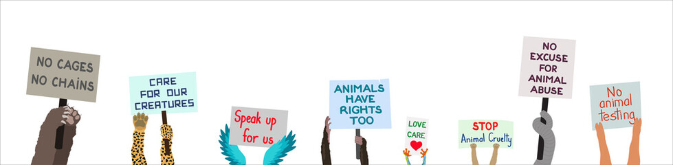 Animals holding protest signs to stop animal cruelty and abuse - obrazy, fototapety, plakaty