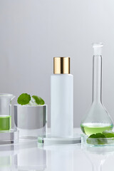 Laboratory experiment and research with centella asiatica (gotu kola), oil and ingredient extract for natural beauty and organic cosmetic skincare product.  The blank bottle for label science concept.