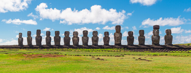 Panorama of Moai statues in Ahu Tongariki, Easter Island (Rapa Nui), Chile.