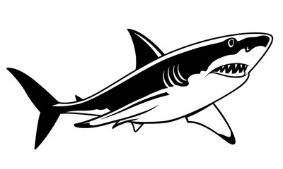 Great white shark swimming drawing, black vector shark hunting prey.