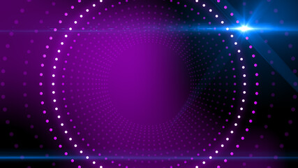 Futuristic Art Glowing Purple Neon Led Lights Circle Dot Tunnel Frame With Blue Light Beam Lens Flare Background Design