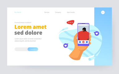 Hand of person using mobile phone for video call, talking to girl friend. User holding cellphone with conference talk interface on screen. Vector illustration for communication, online meeting concept