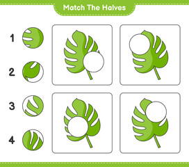 Match the halves. Match halves of Monstera. Educational children game, printable worksheet, vector illustration