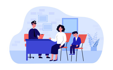 Mother talking to police officer about son. Upset boy in policeman office, mom solving problem flat vector illustration. Family, children behavior concept for banner, website design or landing page