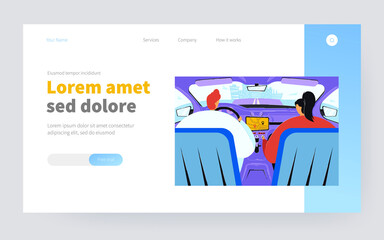 Driver and passenger using navigation app inside car. Backseat view of couple driving and riding vehicle, going along road to city. Vector illustration for driving application, travel, taxi concept