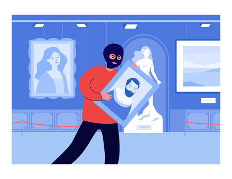 Burglar in mask stealing painting from art gallery. Angry criminal holding portrait in museum at night flat vector illustration. Crime, security concept for banner, website design or landing web page