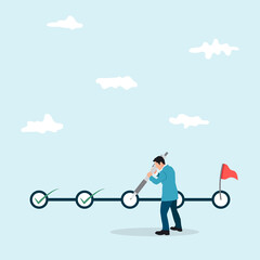 Businessman holding big pen to check completed tasks in project management timeline. Project tracking, goal tracker, task completion or checklist to remind project progress concept.