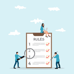 Rules in office concept, vector illustration. Legal law corporate regulation. Businessman compliance and policy management. Agreements and principles of work, rules in office.