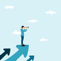 Vision upwards. Businessman standing on a flying arrows looking for opportunity. Concept business illustration